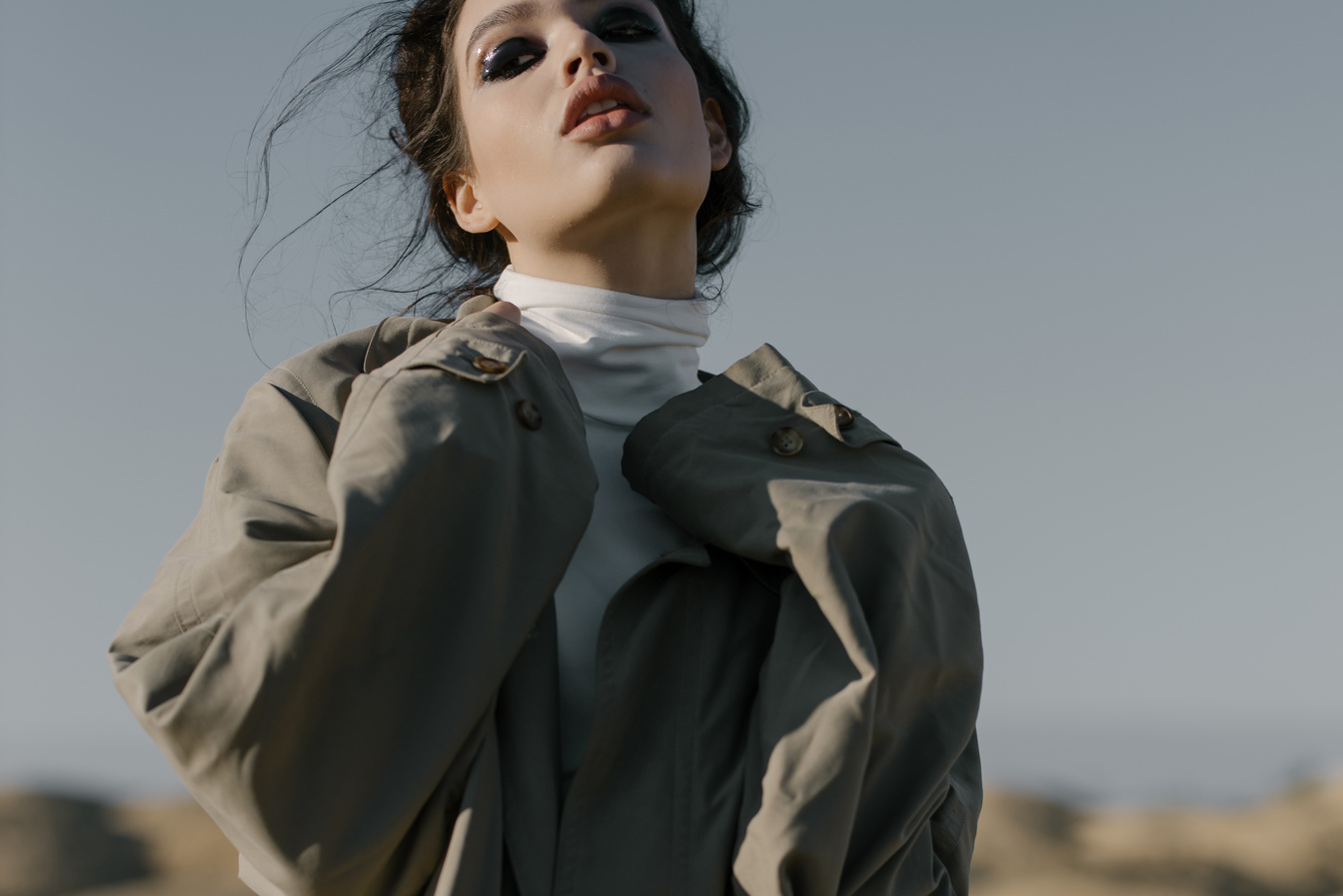 Woman in Gray Coat Standing